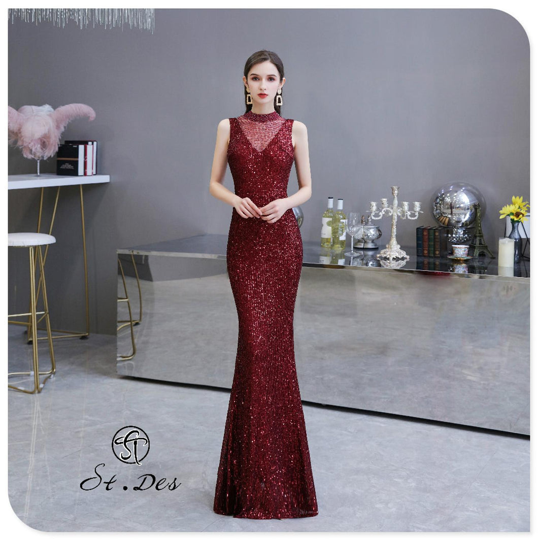 S.T.DES Evening Dress 2020 New Arrival colorful Beading Mermaid V-Neck wine Sleeveless Floor Length Party Dress Dinner Gowns